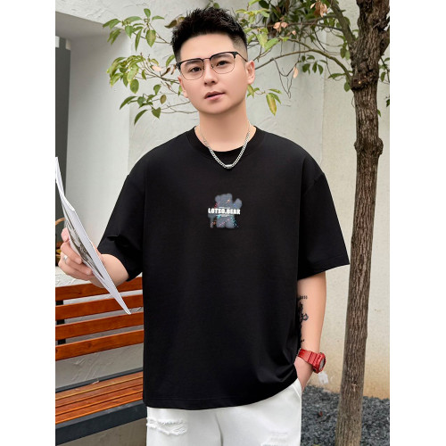 潑墨印花小熊圓領短袖t恤2025夏季男士潮牌情侶款寬松半袖上衣