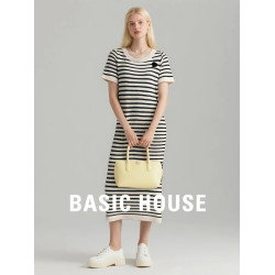 Basic House/百家好黑白條紋連衣裙女25年夏季新款時尚休閒直筒裙