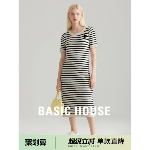 Basic House/百家好黑白條紋連衣裙女25年夏季新款時尚休閒直筒裙