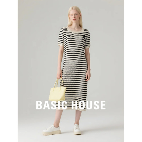 Basic House/百家好黑白條紋連衣裙女25年夏季新款時尚休閒直筒裙