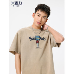 重磅水洗短袖男t恤2025新款學院風夏季寬松印花體恤上衣時尚半袖