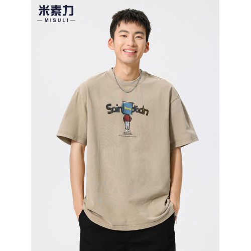 重磅水洗短袖男t恤2025新款學院風夏季寬松印花體恤上衣時尚半袖