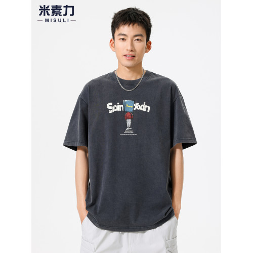 重磅水洗短袖男t恤2025新款學院風夏季寬松印花體恤上衣時尚半袖