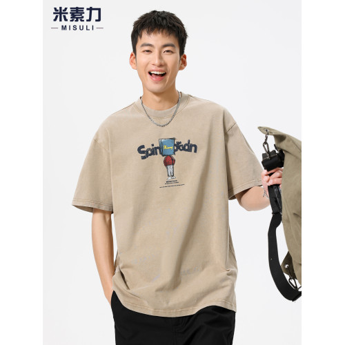 重磅水洗短袖男t恤2025新款學院風夏季寬松印花體恤上衣時尚半袖