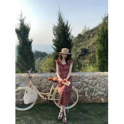 法式無袖紅格子連衣裙女夏新款獨特漂亮系腰帶裙子氣質長裙吊帶