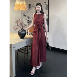 法式復古紅色無袖背心連衣裙女2025夏季新款顯瘦系帶收腰過膝長裙