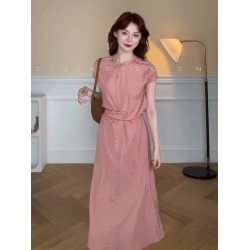 法式甜美風收腰系帶短袖連衣裙女2025年夏季新款寬松減齡粉色長裙