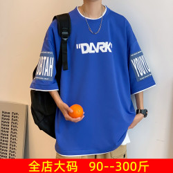 300斤假兩件短袖男t恤夏季2025新款ins印花百搭學生港風寬松半袖