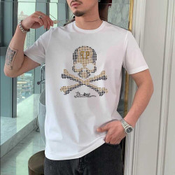歐洲站時尚短袖男T恤歐洲站PP骷髏頭圖案個性潮流男裝絲光棉上衣
