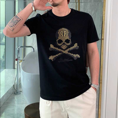歐洲站時尚短袖男T恤歐洲站PP骷髏頭圖案個性潮流男裝絲光棉上衣