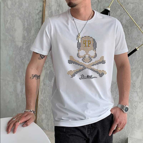 歐洲站時尚短袖男T恤歐洲站PP骷髏頭圖案個性潮流男裝絲光棉上衣