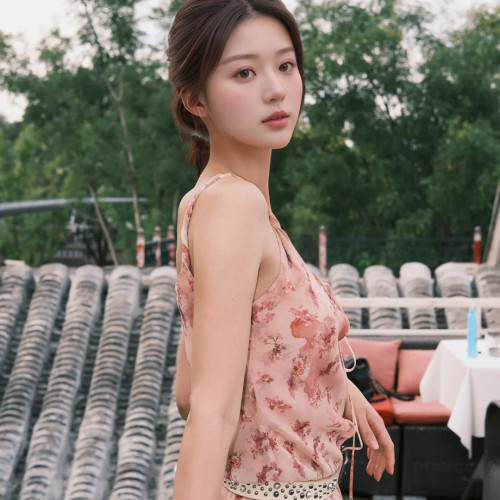 趙露思同款粉色碎花吊帶連衣裙女夏季2025新款法式沙灘度假裙子