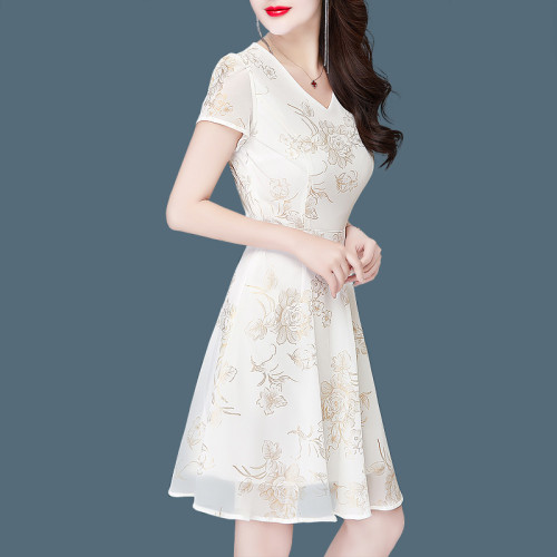 2025夏季新款矮個子媽媽裝夏天連衣裙修身顯瘦氣質雪紡印花女裙子