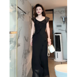 法式純欲風性感荷葉邊無袖連衣裙女2025夏季新款修身顯瘦包臀長裙