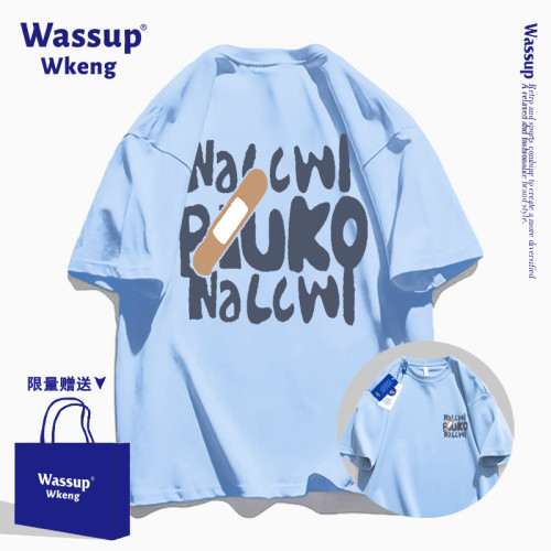 wassup聯名美式潮牌白灰色短袖男t恤夏季2025新款寬松休閒上衣男