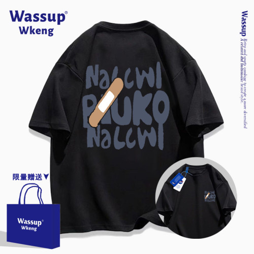 wassup聯名美式潮牌白灰色短袖男t恤夏季2025新款寬松休閒上衣男