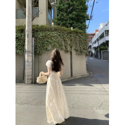 溫柔風泡泡短袖收腰顯瘦連衣裙女夏季法式甜美氣質小衆長款A字裙