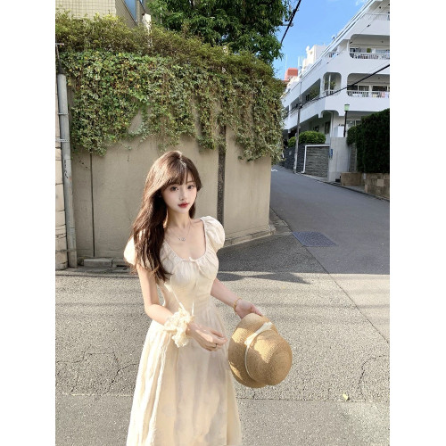 溫柔風泡泡短袖收腰顯瘦連衣裙女夏季法式甜美氣質小衆長款A字裙
