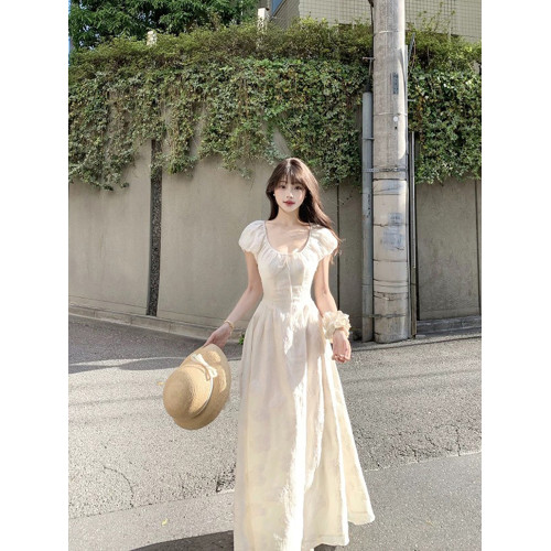 溫柔風泡泡短袖收腰顯瘦連衣裙女夏季法式甜美氣質小衆長款A字裙