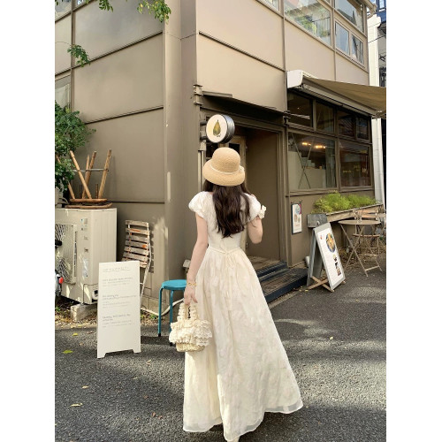 溫柔風泡泡短袖收腰顯瘦連衣裙女夏季法式甜美氣質小衆長款A字裙