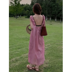 法式度假風無袖吊帶連衣裙女2025年夏季新款獨特漂亮寬松露背長裙