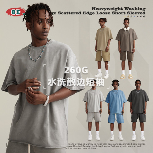 BE男裝2025春夏重磅潮牌休閒水洗短袖青年寬松散邊痞帥男t恤純棉