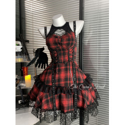 搖滾辣妹｜亞文化暗黑蕾絲吊帶連衣裙哥特龐克風紅黑裙子辣妹穿搭