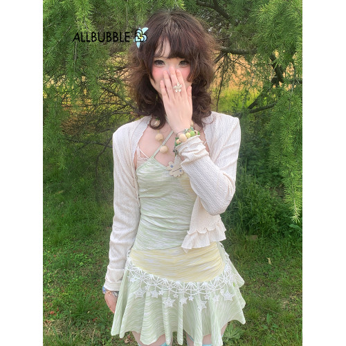 Allbubble原創 夏日之星| 清爽黃綠撞色不規則星星針織掛脖連衣裙