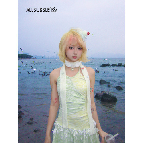 Allbubble原創 夏日之星| 清爽黃綠撞色不規則星星針織掛脖連衣裙