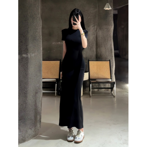 黑色短袖連衣裙女夏季2025新款高級感彈力收腰顯瘦小個子包臀長裙