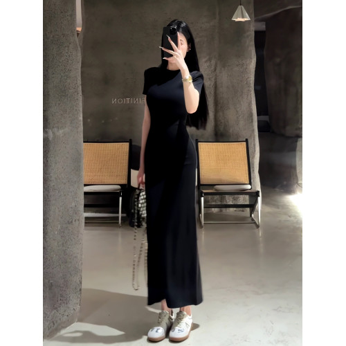 黑色短袖連衣裙女夏季2025新款高級感彈力收腰顯瘦小個子包臀長裙