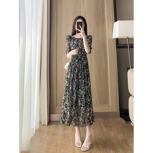 黑色碎花雪紡連衣裙女夏季2025新款收腰顯瘦氣質長款a字裙子仙女