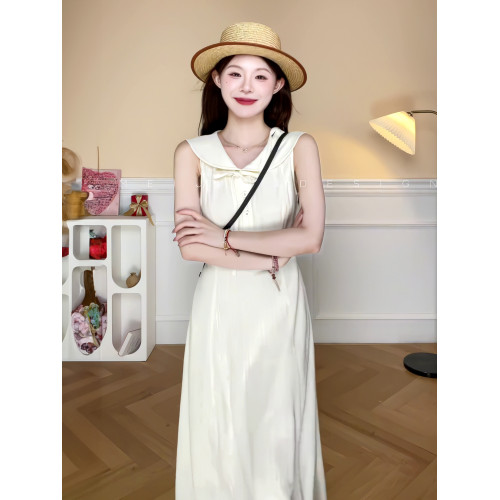 韓系純色蝴蝶結系帶連衣裙修身顯瘦設計感小衆氣質減齡中長款裙子