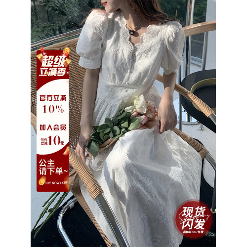 AM NANA法式白色短袖連衣裙女氣質領証漂亮收腰初戀風甜美長裙子