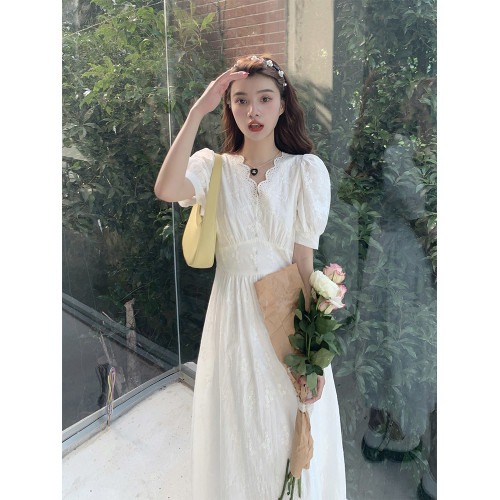 AM NANA法式白色短袖連衣裙女氣質領証漂亮收腰初戀風甜美長裙子