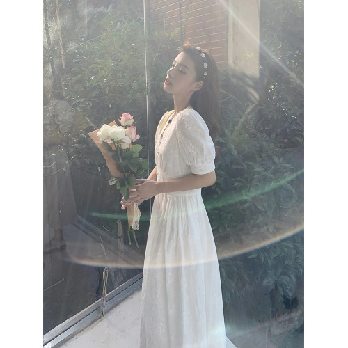 AM NANA法式白色短袖連衣裙女氣質領証漂亮收腰初戀風甜美長裙子