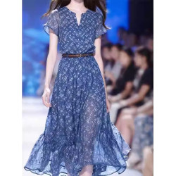 歐洲站夏季女裝2025新款法式高級感碎花長裙子氣質v領藍色連衣裙