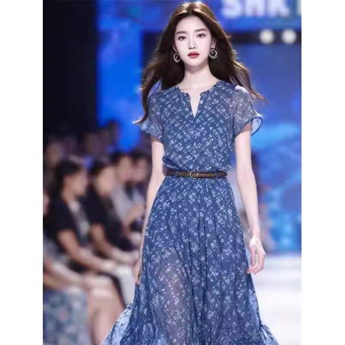 歐洲站夏季女裝2025新款法式高級感碎花長裙子氣質v領藍色連衣裙