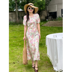 畫裙雙鳳鬱金香 真絲彈力雙喬緞圓領短袖斜裁花色長款女連衣裙
