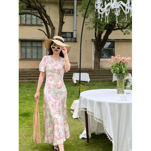 畫裙雙鳳鬱金香 真絲彈力雙喬緞圓領短袖斜裁花色長款女連衣裙