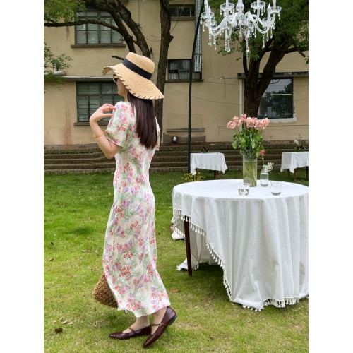 畫裙雙鳳鬱金香 真絲彈力雙喬緞圓領短袖斜裁花色長款女連衣裙