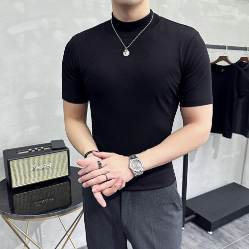 半高領短袖男T恤打底衫修身彈力夏季中領半袖高級感痞帥2025新款T