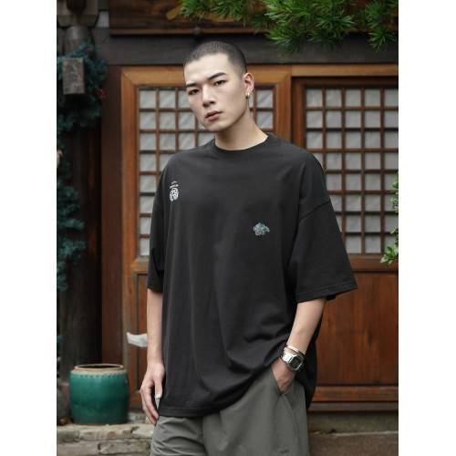 RUSHBON 25SS新款復古休閒寬松龍玉珮印花圓領短袖男T恤衫夏季tee