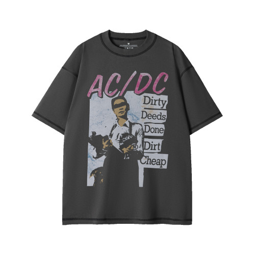 ACDC搖滾樂隊復古美式街頭搖滾樂隊男T恤衫寬松純棉休閒明線結搆t