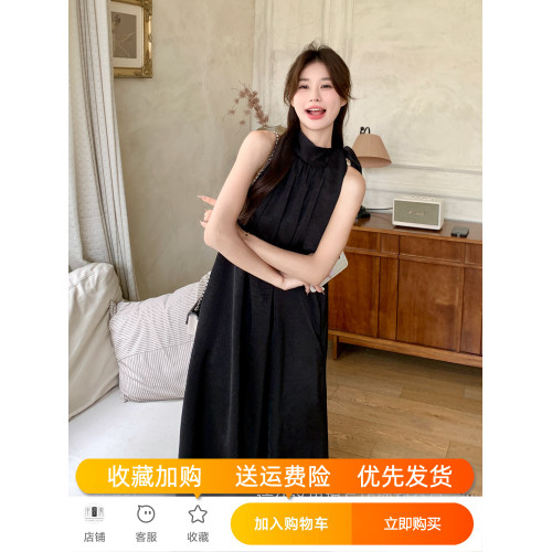 黑色赫本風無袖掛脖連衣裙夏季2025新款法式氣質高級感慵懶風長裙