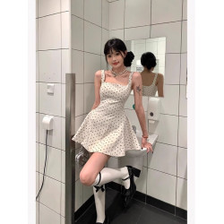 日本無印法式短裙印花收腰顯瘦少女感小個子吊帶連衣裙夏季a字裙