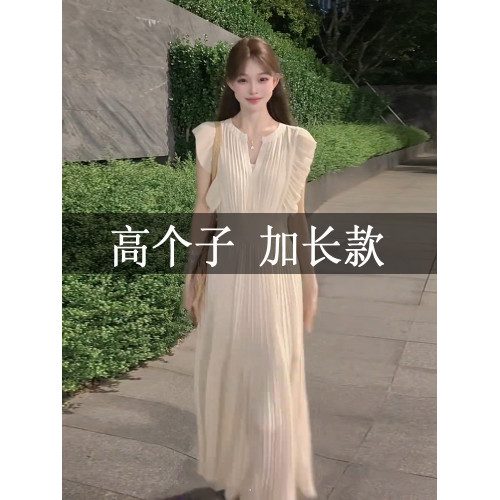 高個子172加長版夏季法式氣質白色飛袖連衣裙絕美度假風V領長裙子