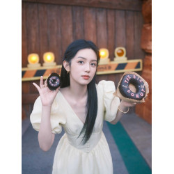 周也明星同款奶油黃泡泡袖公主甜美連衣裙法式小衆收腰顯瘦長裙夏