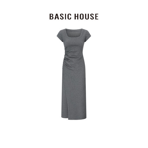 百家好/Basic House方領純色氣質高級感正肩開叉顯瘦長款連衣裙女