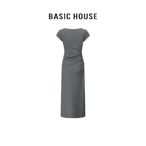 百家好/Basic House方領純色氣質高級感正肩開叉顯瘦長款連衣裙女